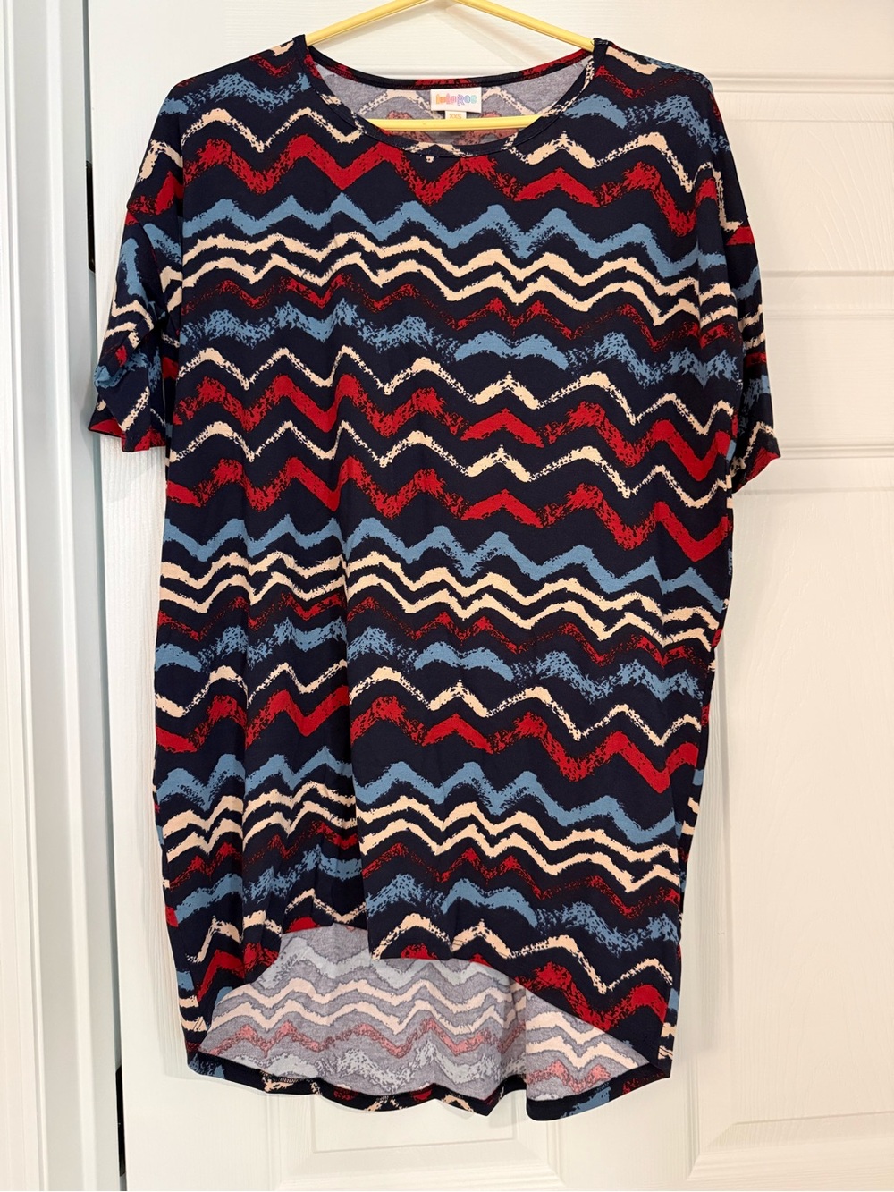 Lularoe Irma Navy Zigzag Crew Neck Shirt with Red & Cream Accents
